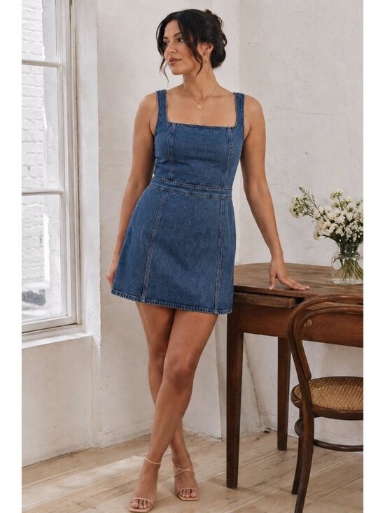 Reformation Dresses & Skirts - Reformation Womens Parker Denim Pinafore Dress Sz 14 Blue Square Neck Minimalist